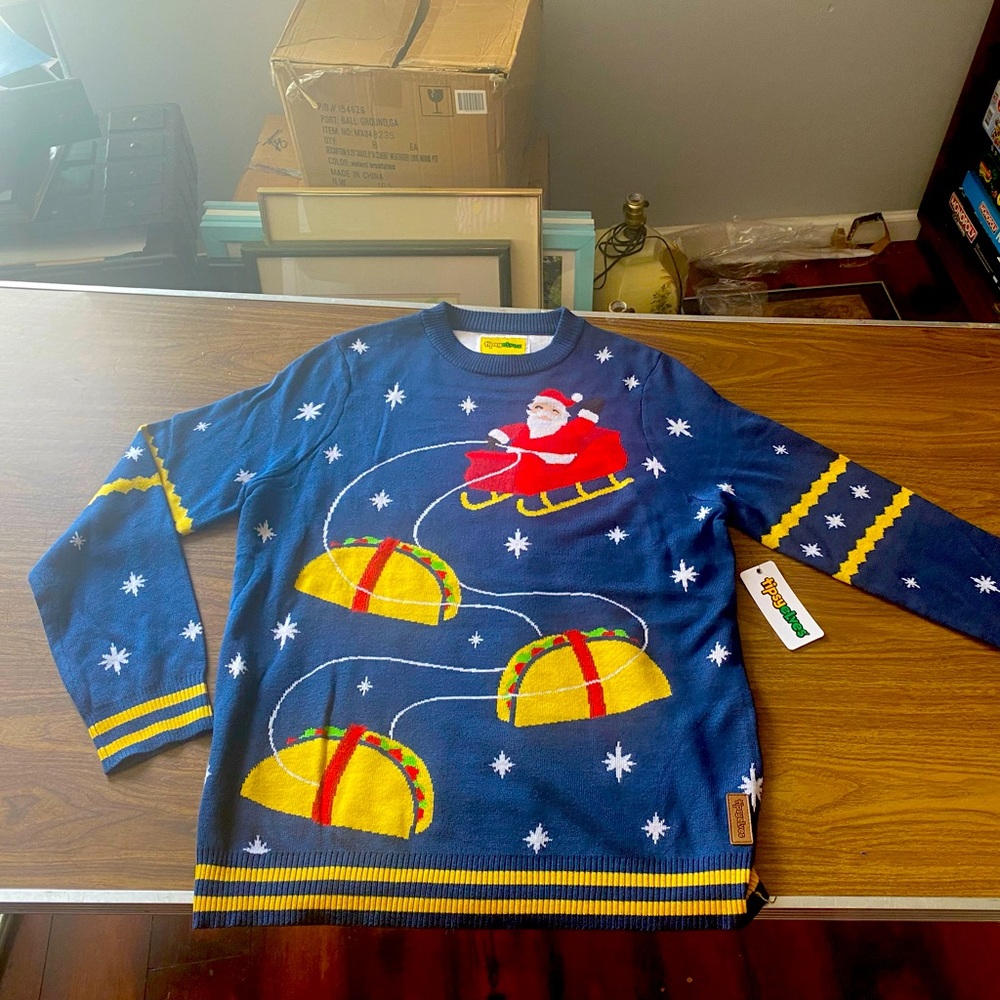 Large NEW Tipsy Elves Christmas Sweater Santa & Tacos
